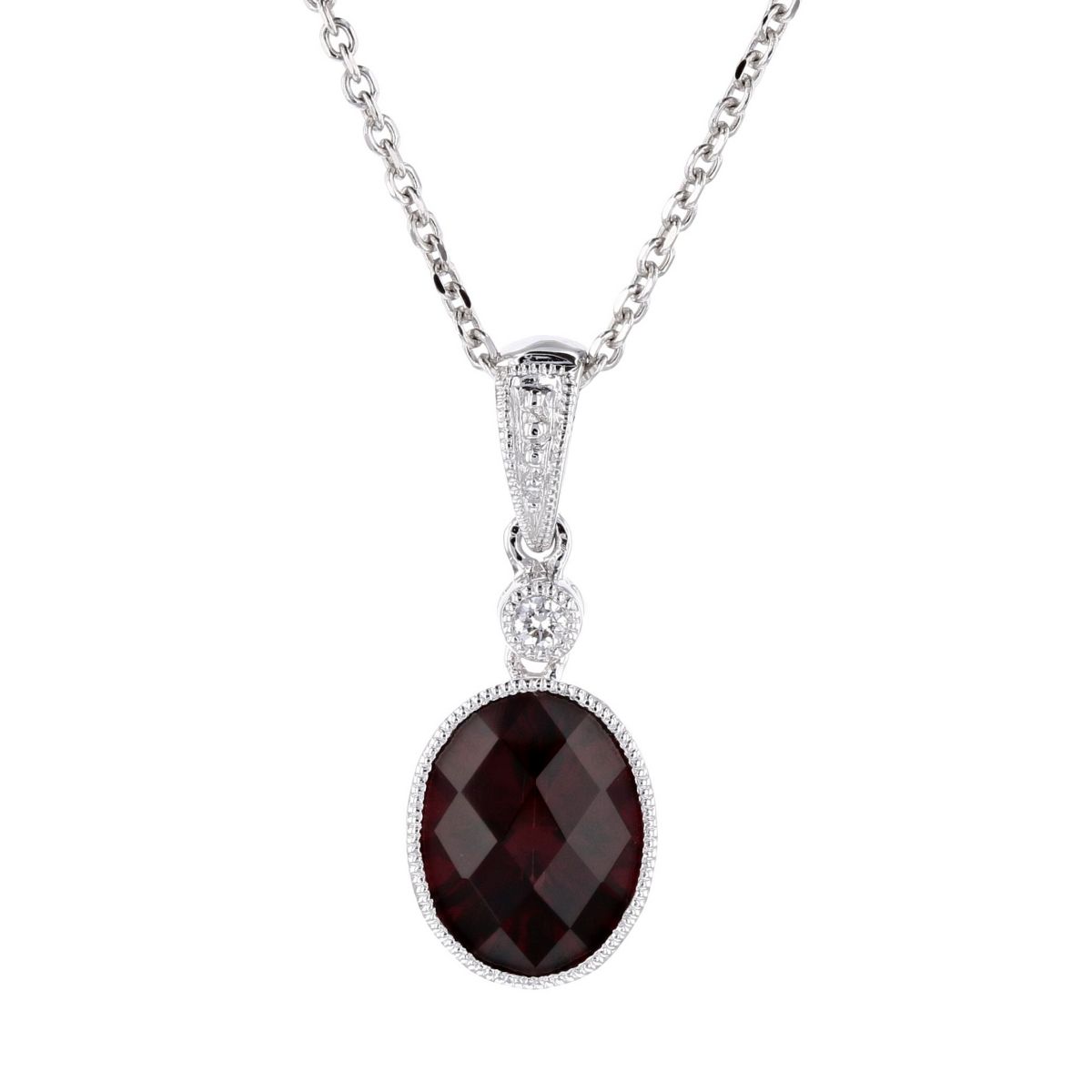 14K White Gold Oval Checkerboard Garnet Pendant with Diamond Milgrain Edge, 18