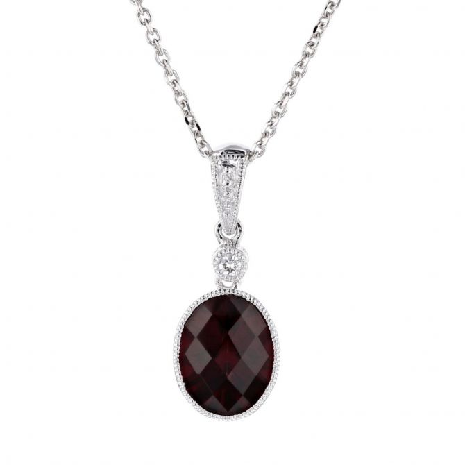 14K White Gold Oval Checkerboard Garnet Pendant with Diamond Milgrain Edge, 18"