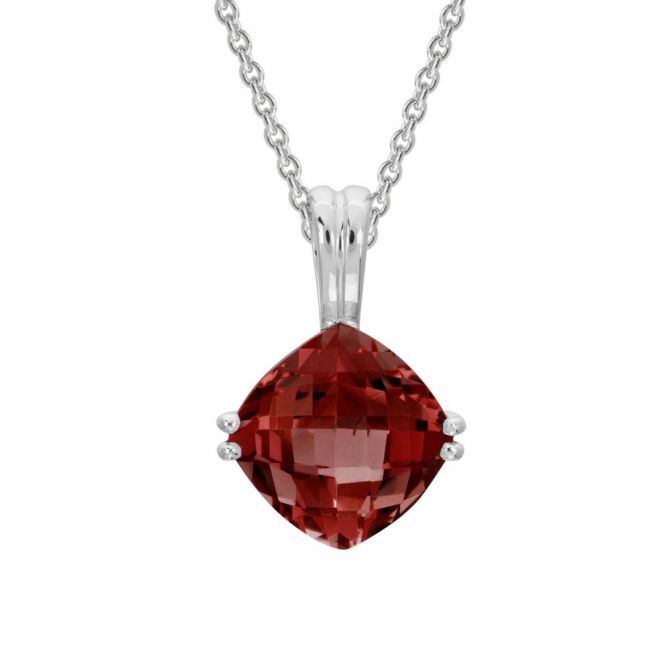 Checkerboard Cushion Garnet Pendant in White Gold, 18"