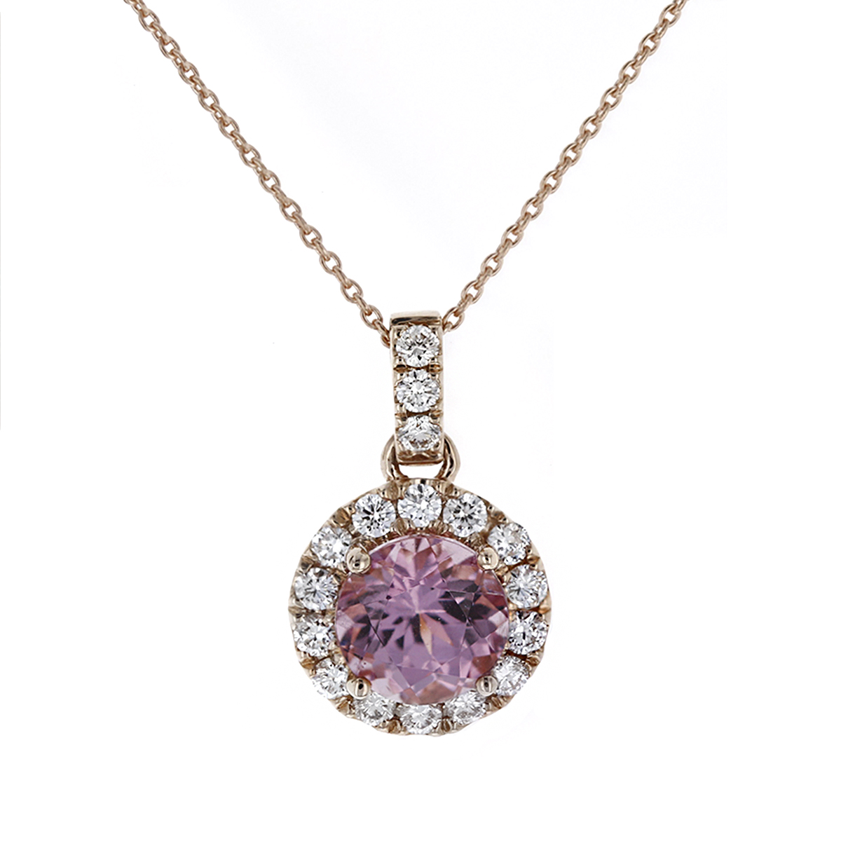 Round Lotus Garnet & Diamond Halo Pendant in Rose Gold