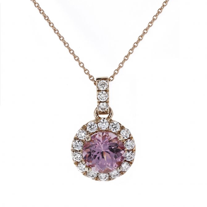 Round Lotus Garnet & Diamond Halo Pendant in Rose Gold