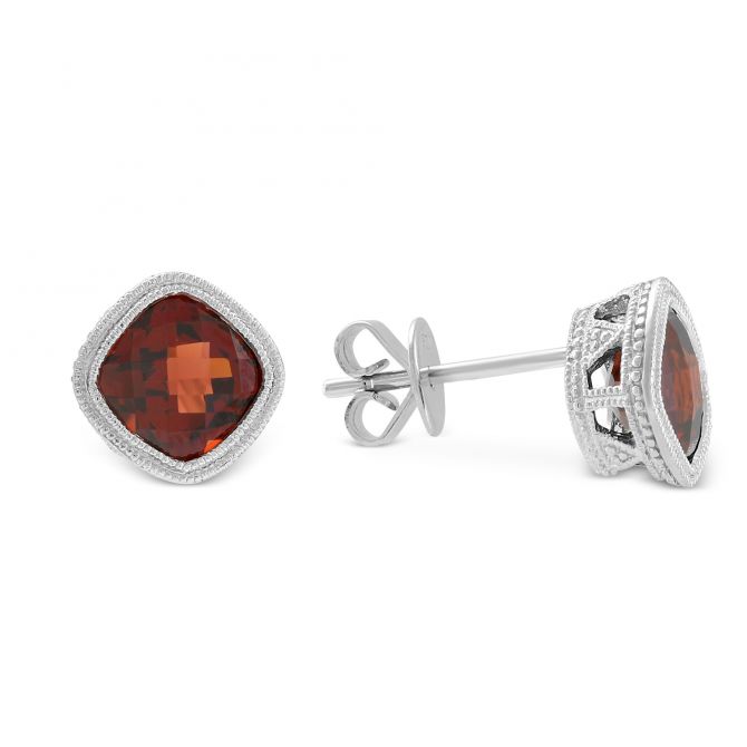14K White Gold Cushion Checkerboard Garnet Bezel Set Earrings