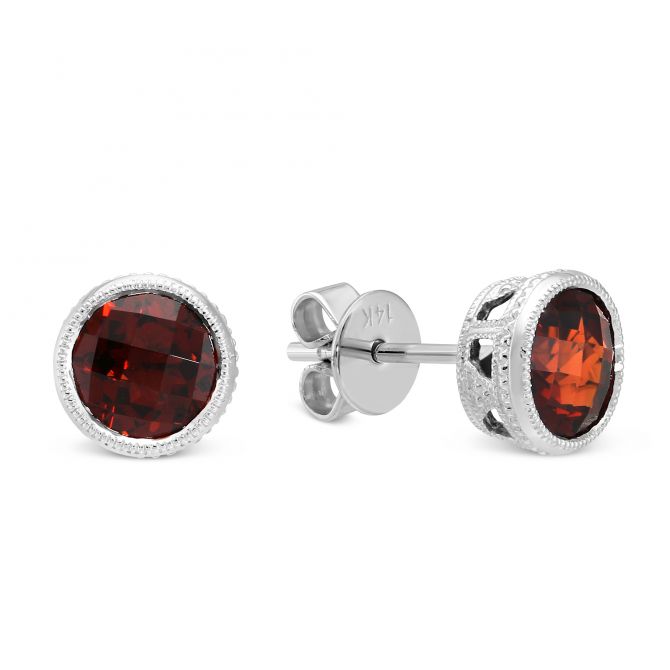 14K White Gold Round Checkerboard Garnet Bezel Set Stud Earrings