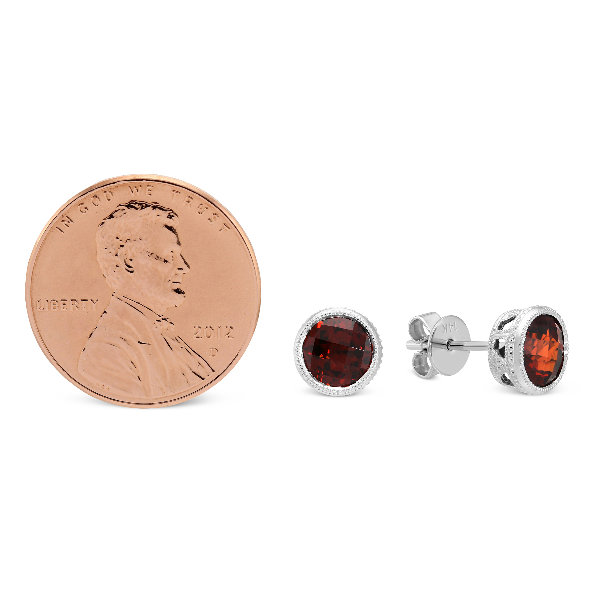 14K White Gold Round Checkerboard Garnet Bezel Set Stud Earrings