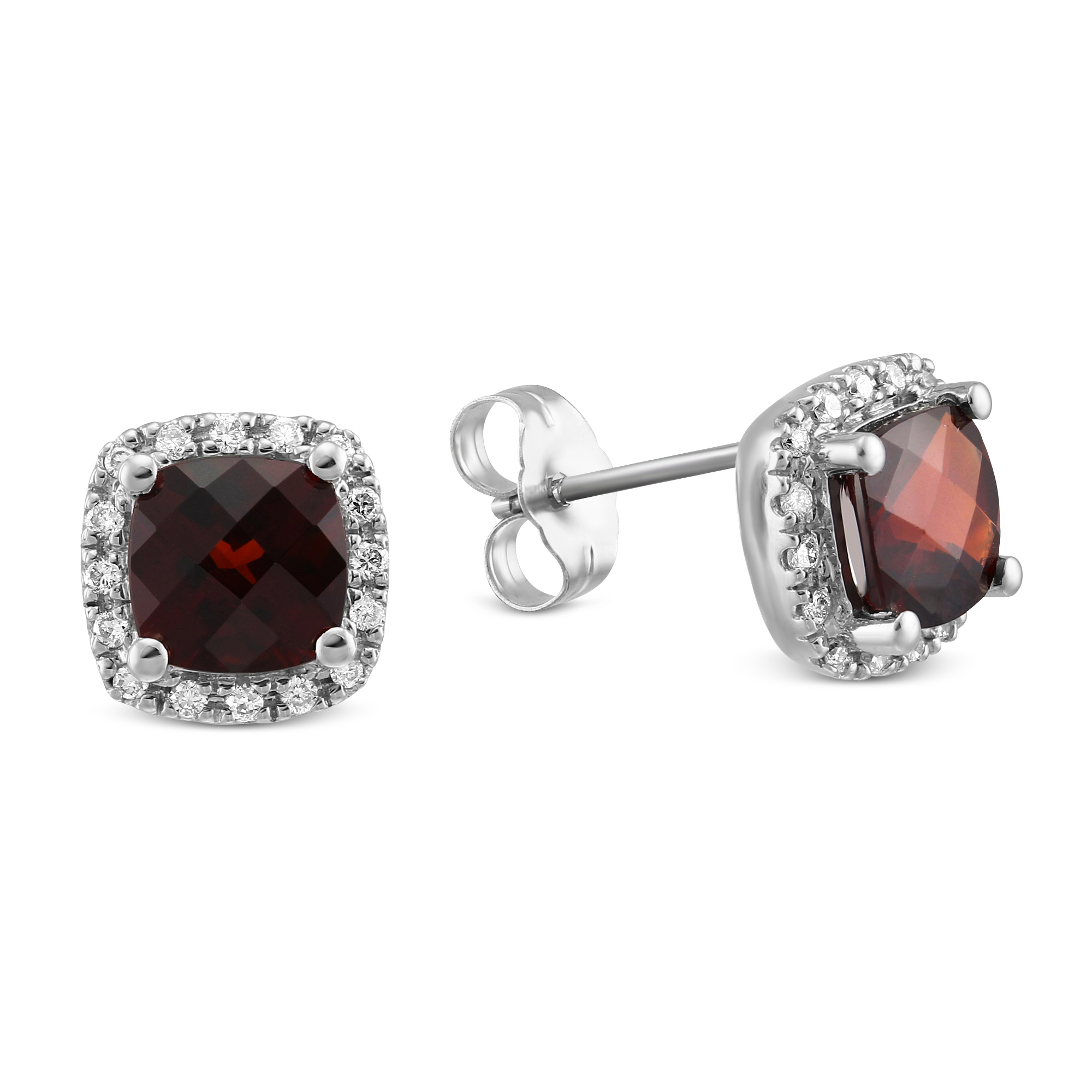 14K White Gold Checkerboard Cushion Garnet & Diamond Earrings