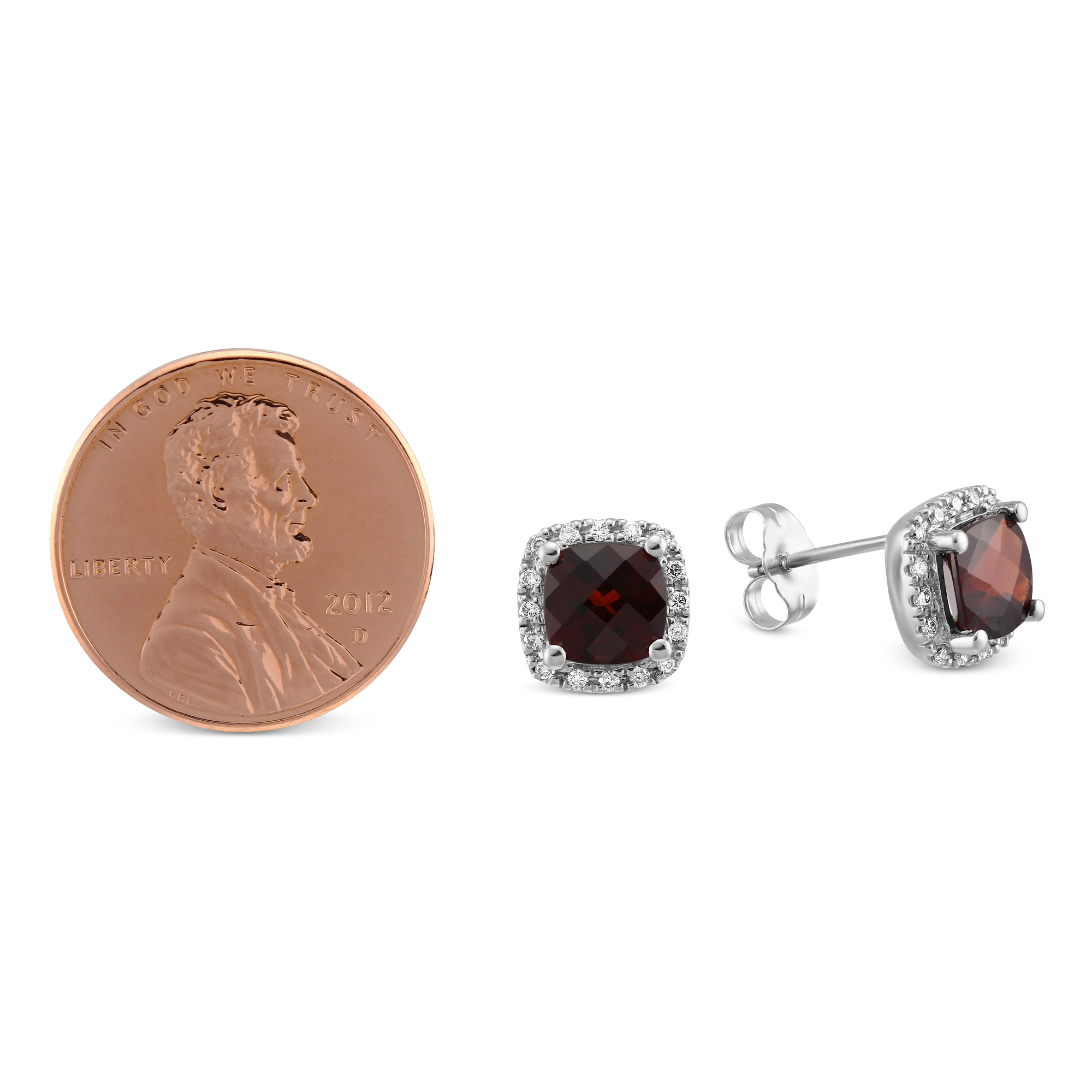 14K White Gold Checkerboard Cushion Garnet & Diamond Earrings
