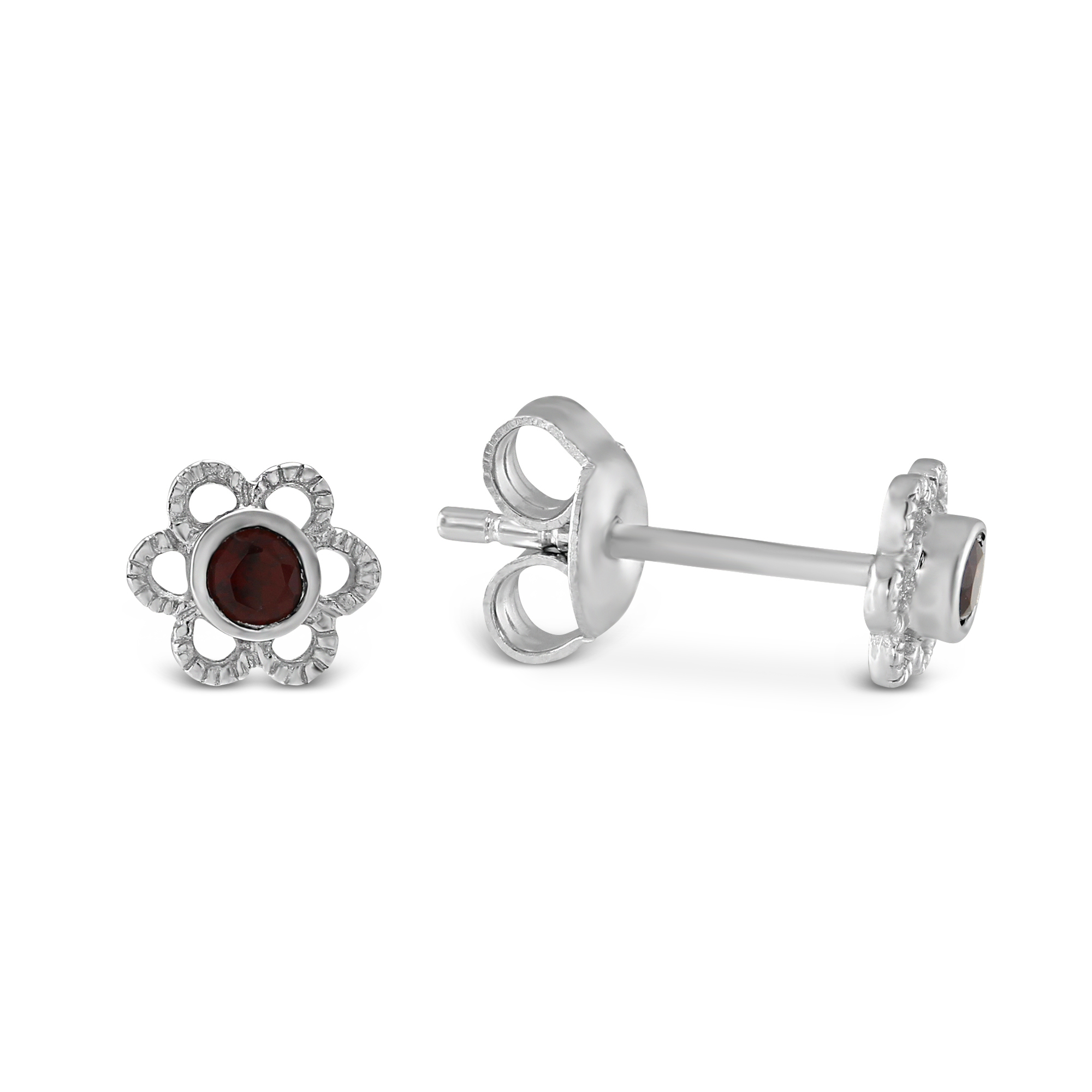 Sterling Silver Children's Garnet Flower Earrings