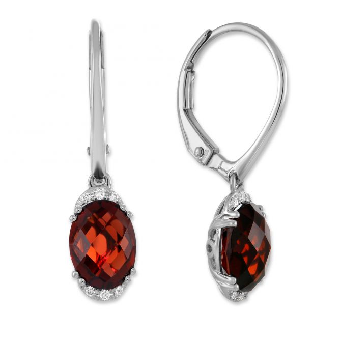 14K White Gold Oval Checkerboard Garnet & Diamond Earrings