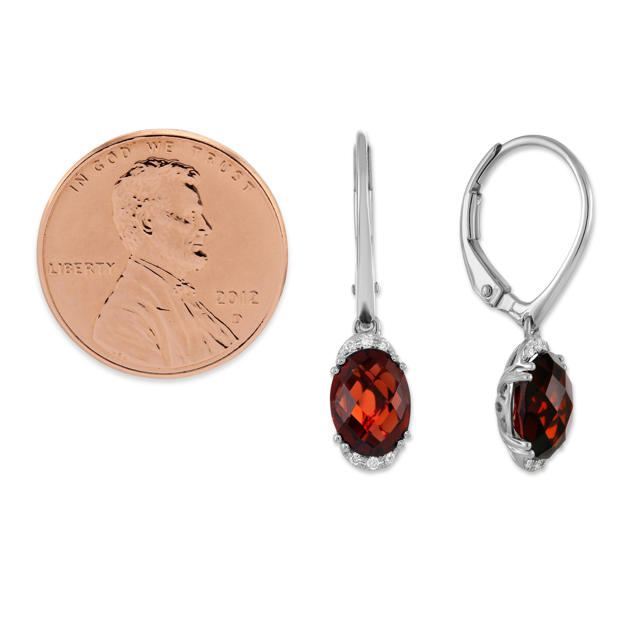 14K White Gold Oval Checkerboard Garnet & Diamond Earrings