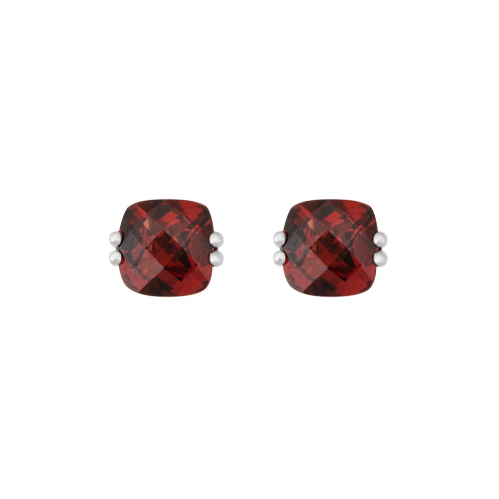 Checkerboard Cushion Garnet Earrings in White Gold