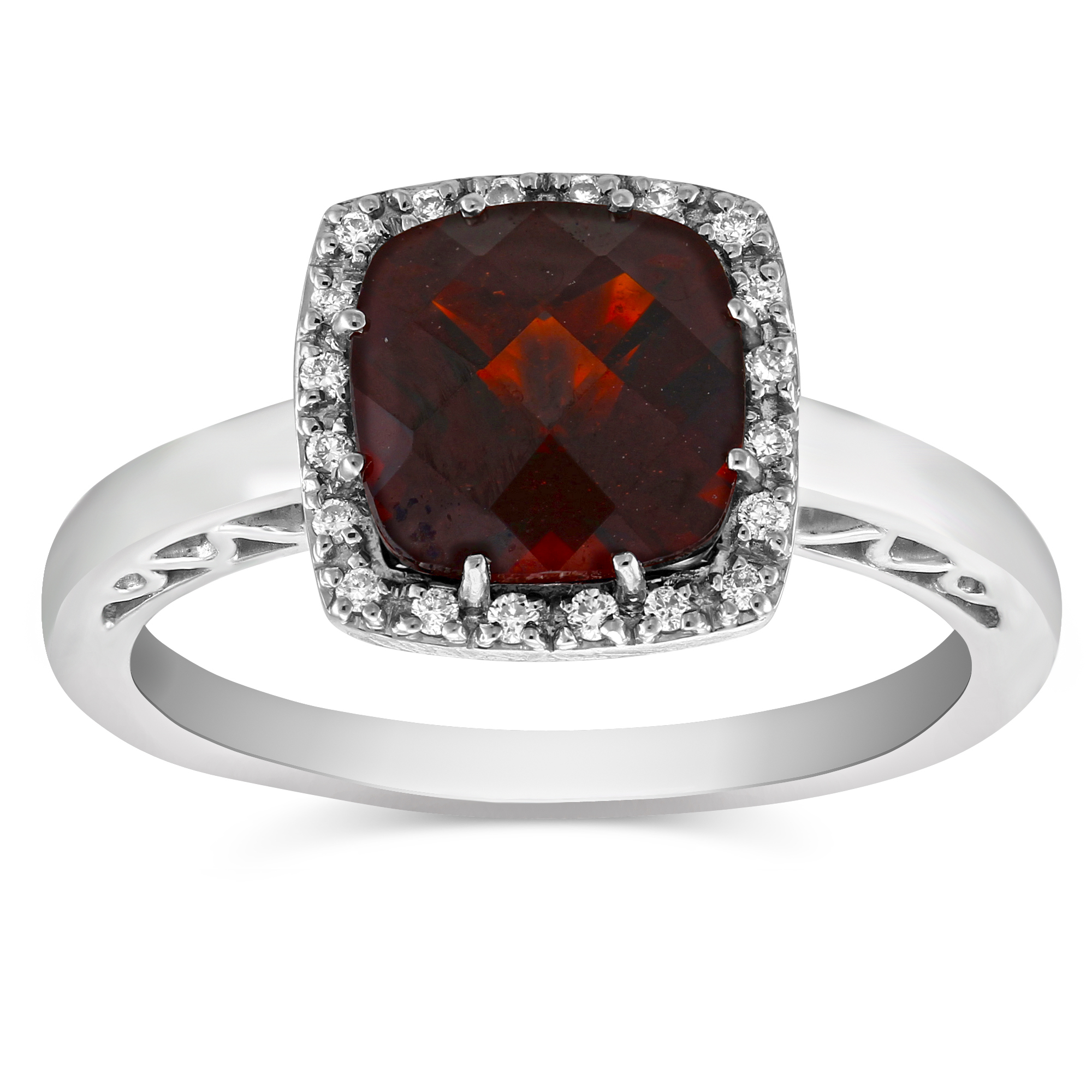 14K White Gold Checkerboard Cushion Garnet & Diamond Ring