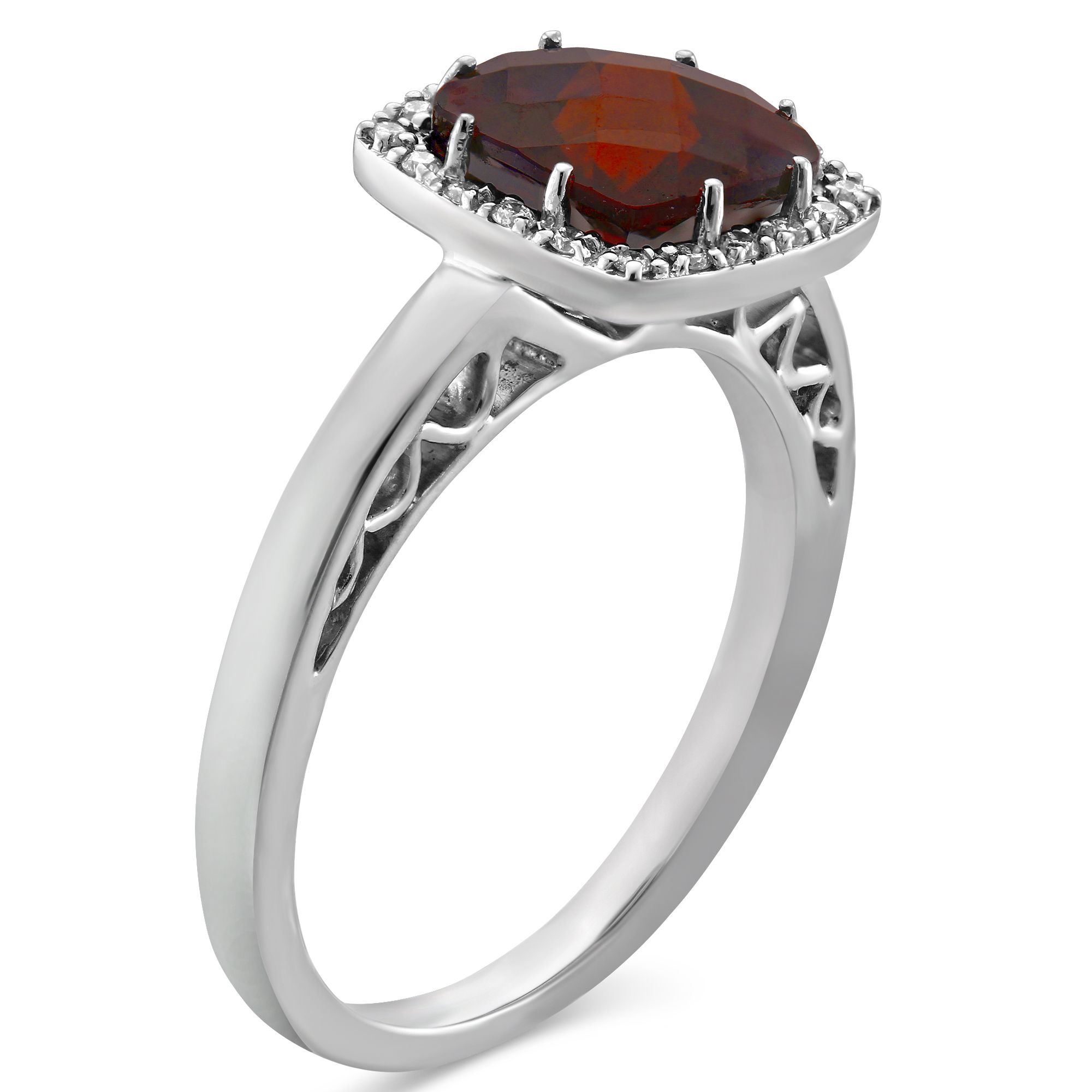 14K White Gold Checkerboard Cushion Garnet & Diamond Ring