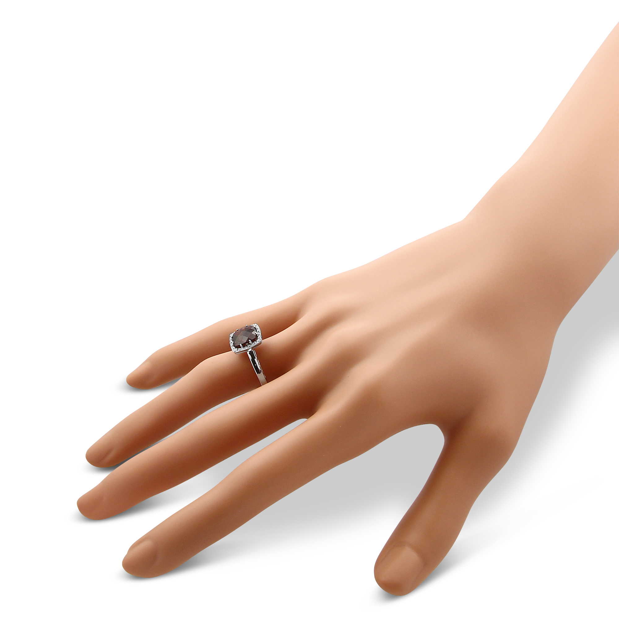 14K White Gold Checkerboard Cushion Garnet & Diamond Ring