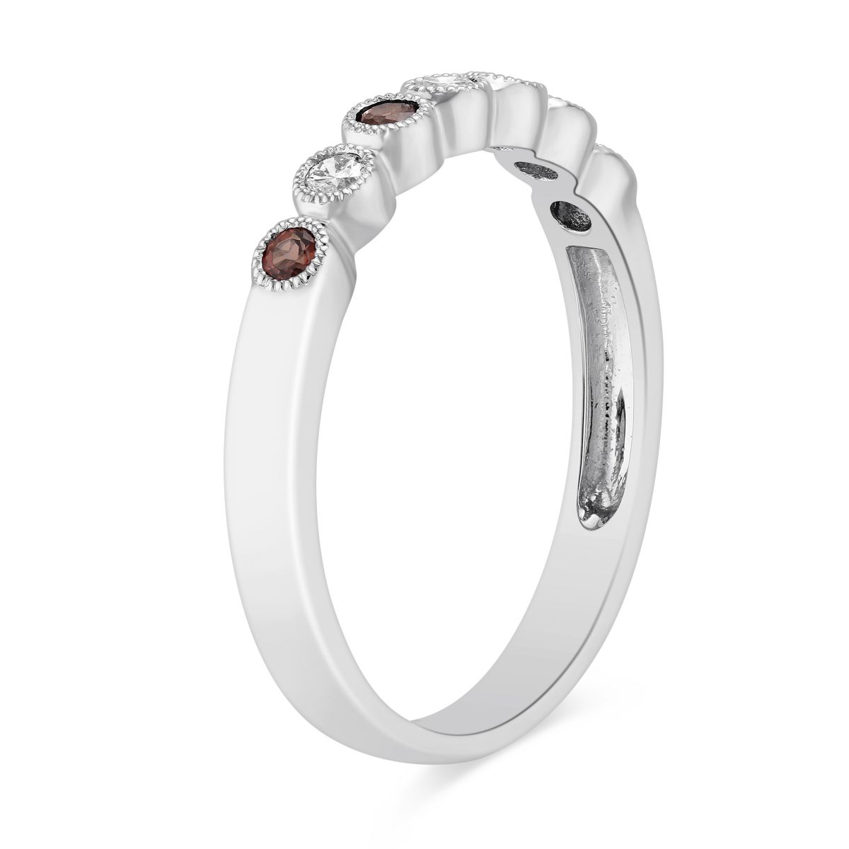 14K White Gold Round Garnet & Diamond Bezel Set Milgrain Ring