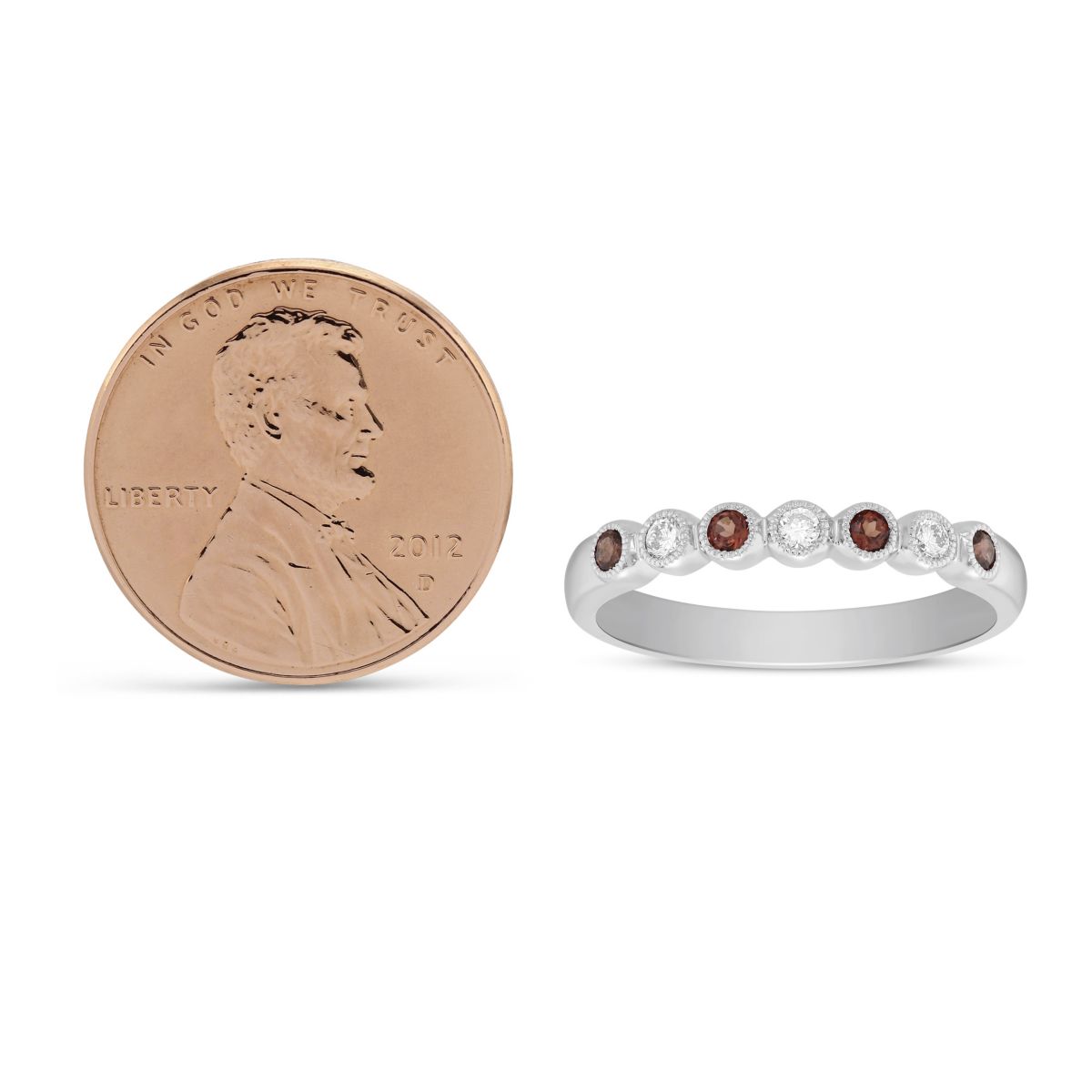 14K White Gold Round Garnet & Diamond Bezel Set Milgrain Ring