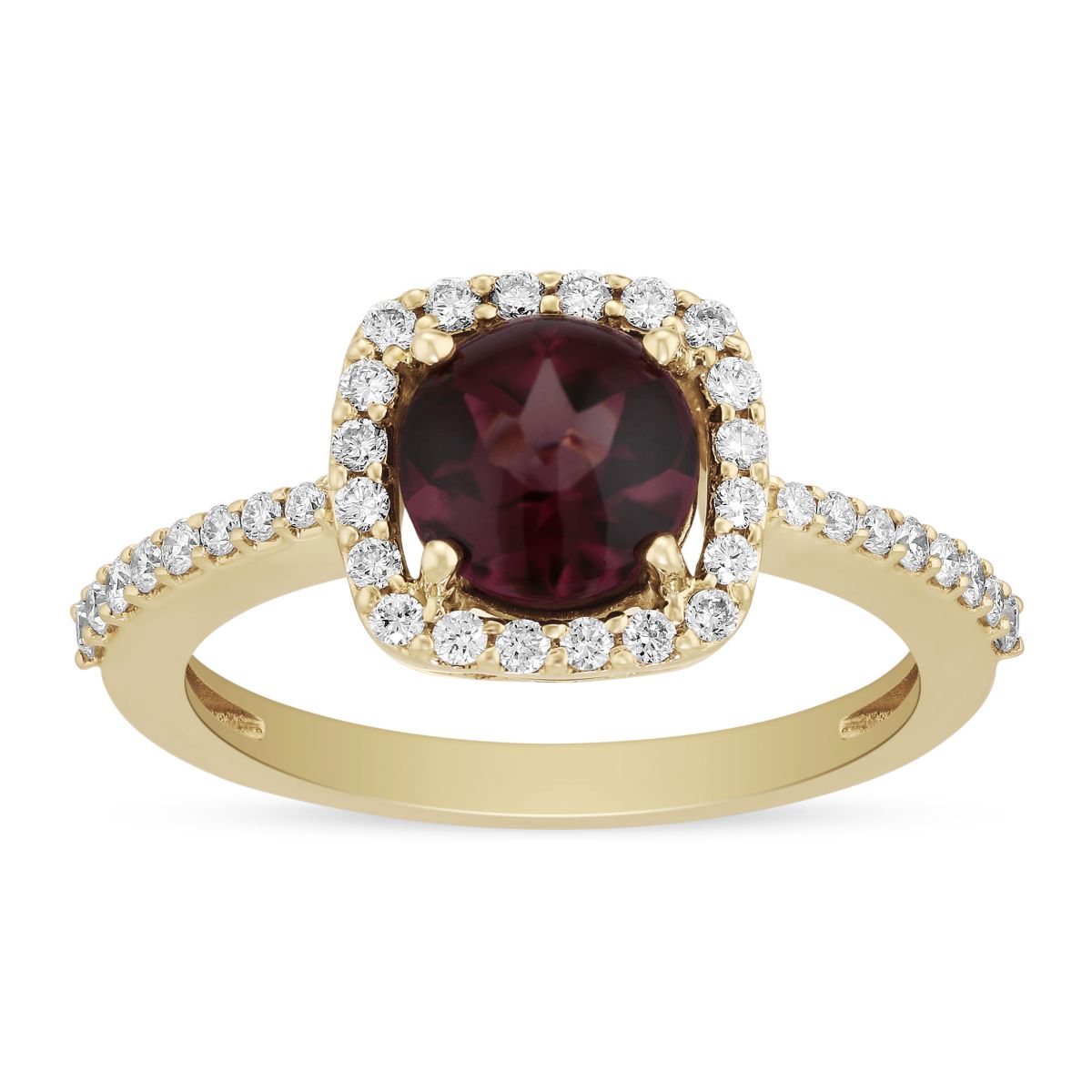 14K Yellow Gold Round Rhodolite Garnet & Diamond Cushion Halo Ring