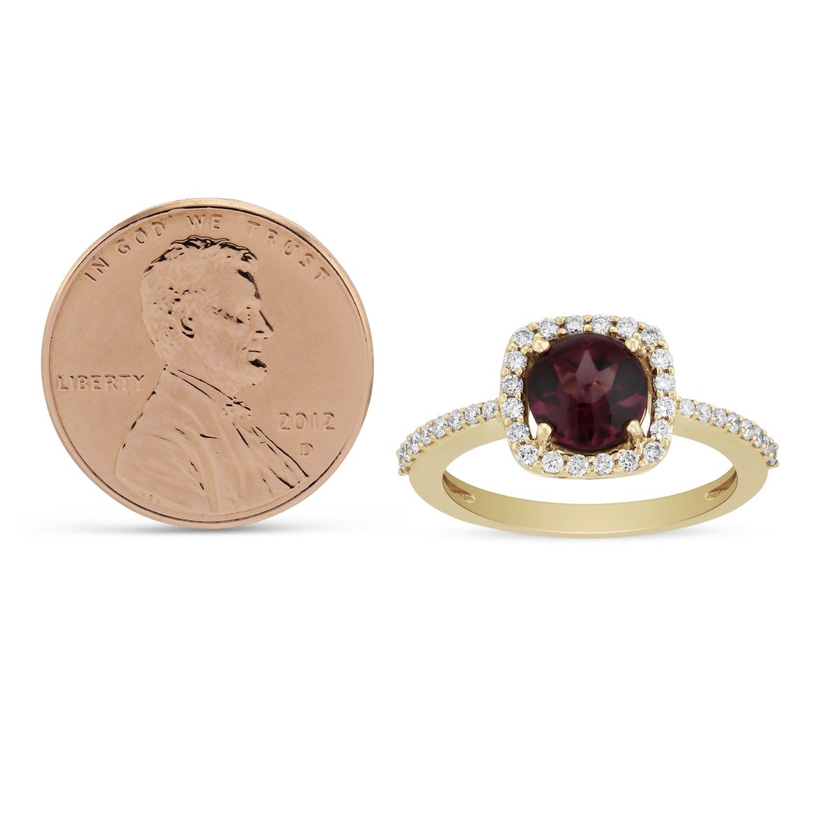 14K Yellow Gold Round Rhodolite Garnet & Diamond Cushion Halo Ring