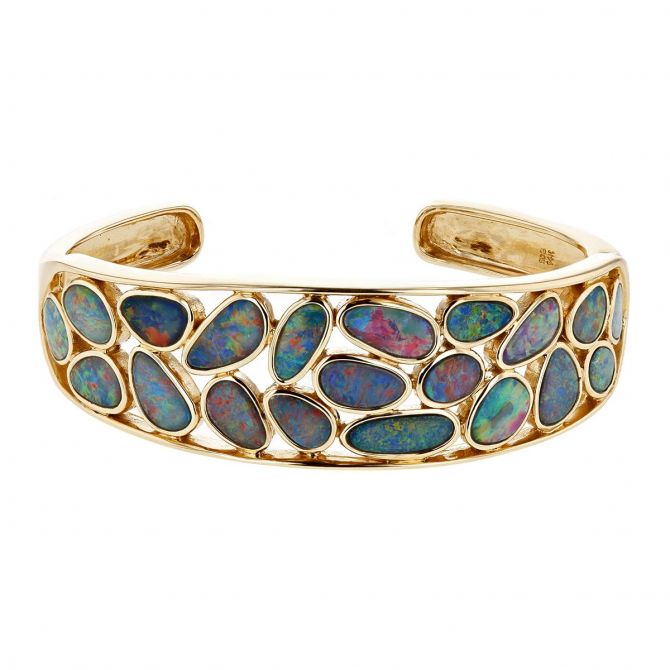 14K Yellow Gold Opal Doublet Bezel Set Tapered Cuff Bracelet