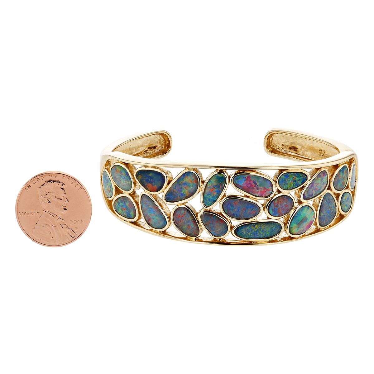 14K Yellow Gold Opal Doublet Bezel Set Tapered Cuff Bracelet