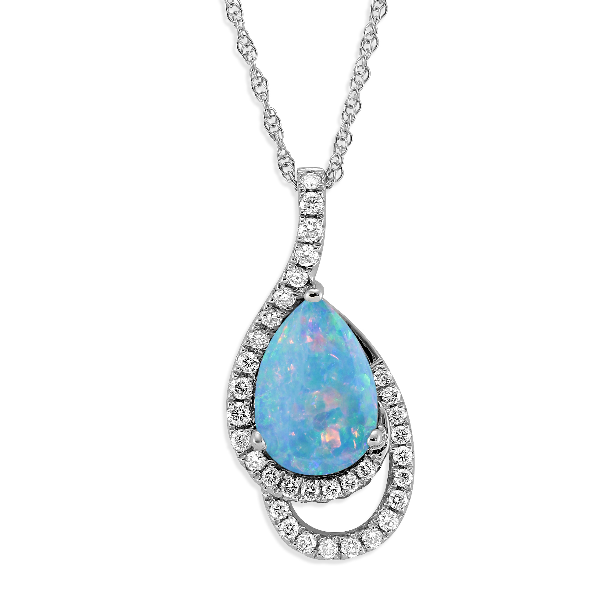 14K White Gold Pear Shaped Opal & Diamond Pendant, 18