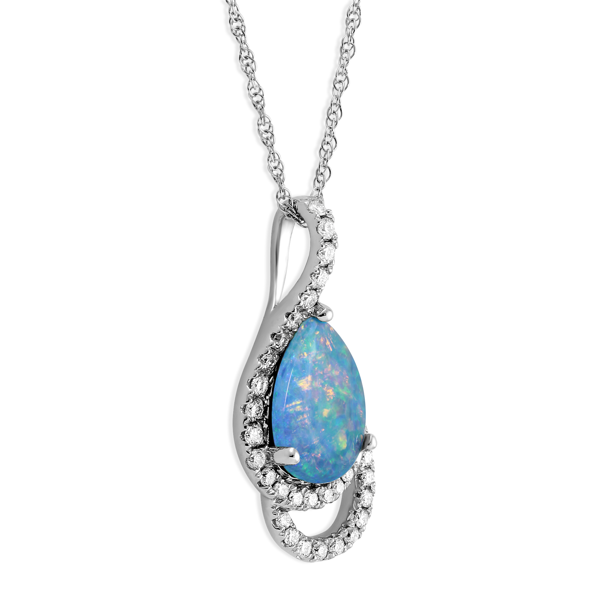 14K White Gold Pear Shaped Opal & Diamond Pendant, 18