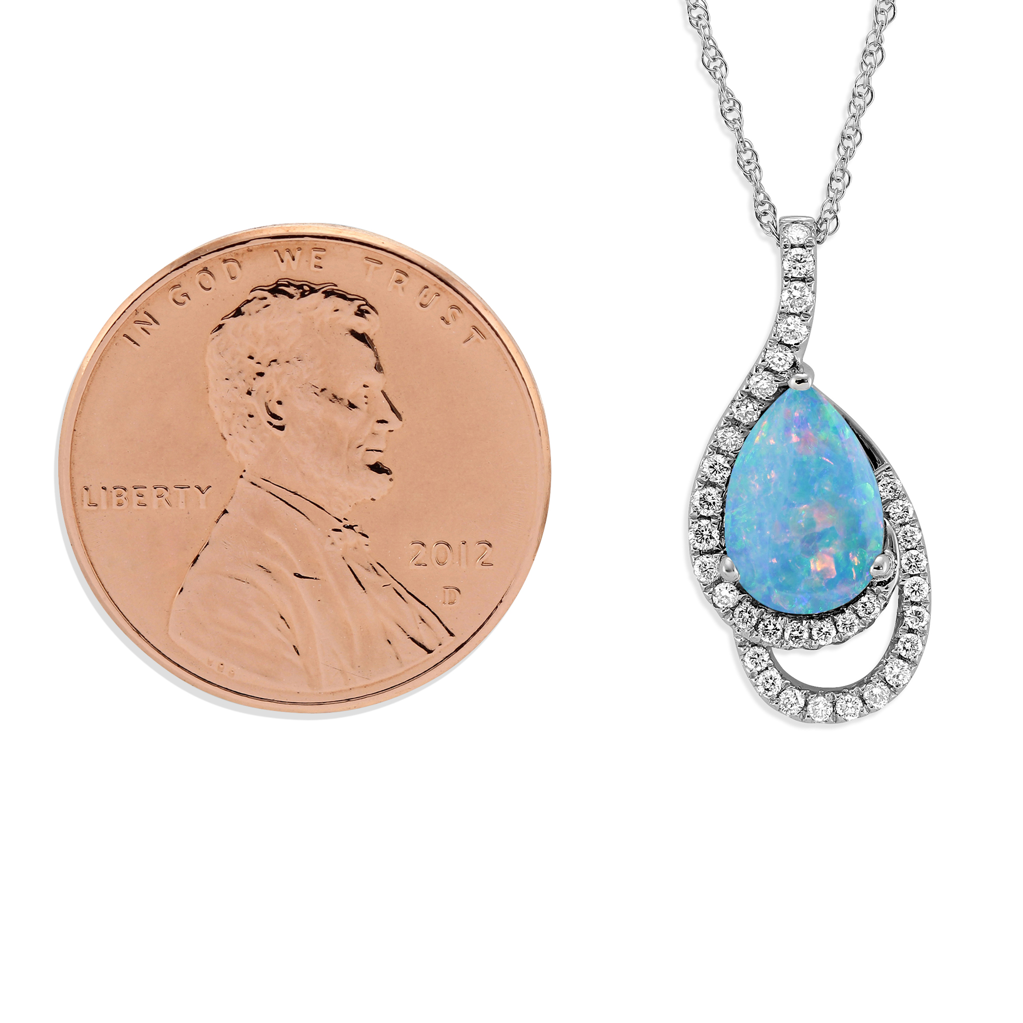 14K White Gold Pear Shaped Opal & Diamond Pendant, 18