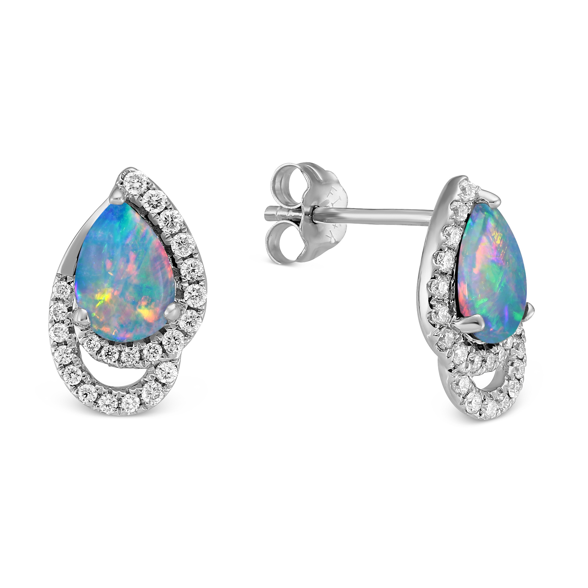 14K White Gold Pear Shaped Opal & Diamond Earrings