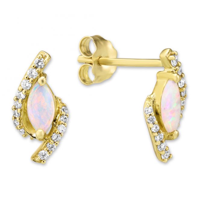 14K Yellow Gold Marquise Opal & Diamond Earrings