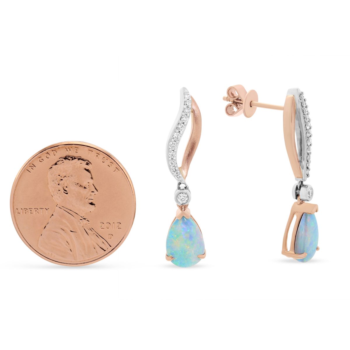 Pear Shaped Opal & Diamond Curved Post Back Drop Earrings in Rose & White Gold