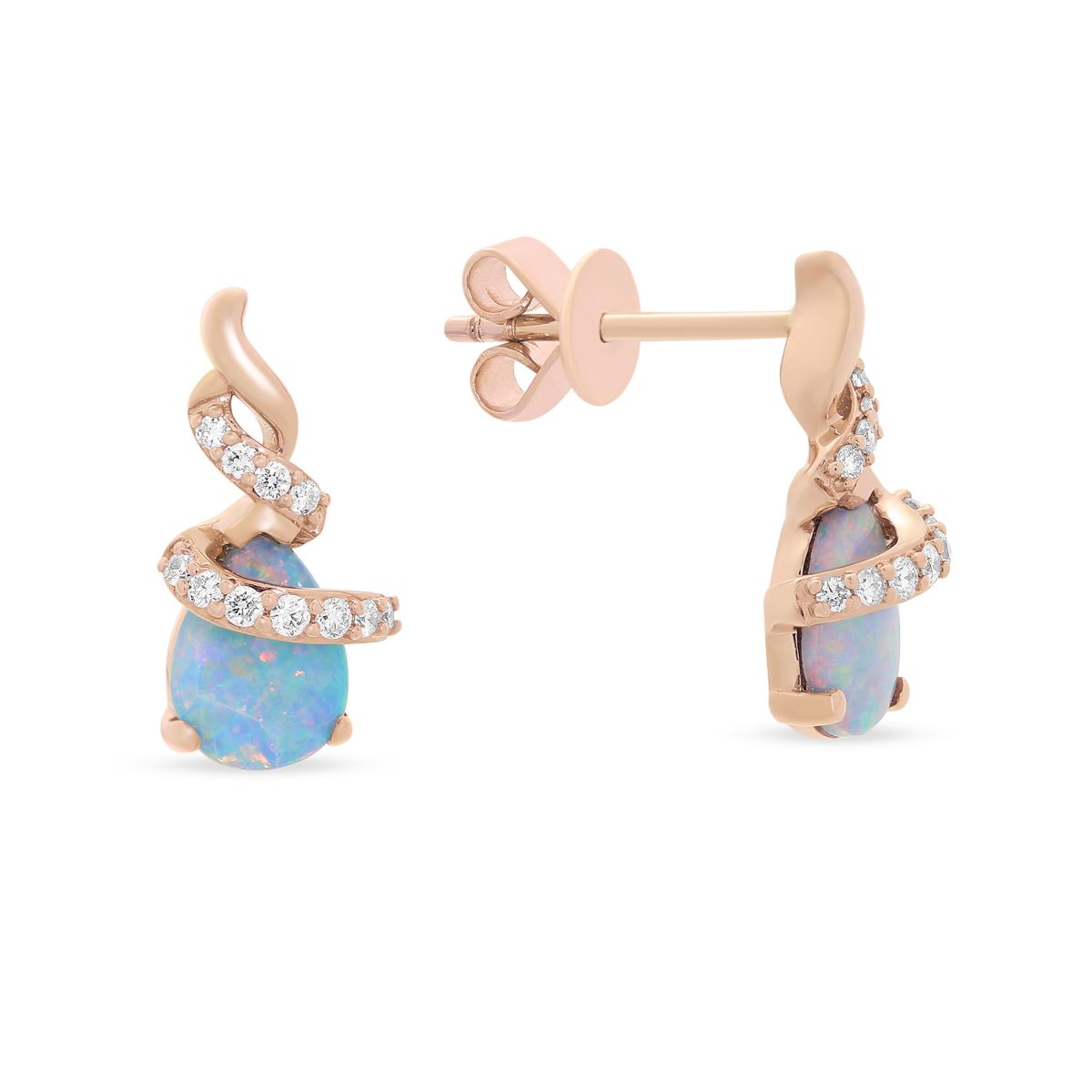 14K Rose Gold Pear Shaped Opal & Diamond Wrap Post Earrings
