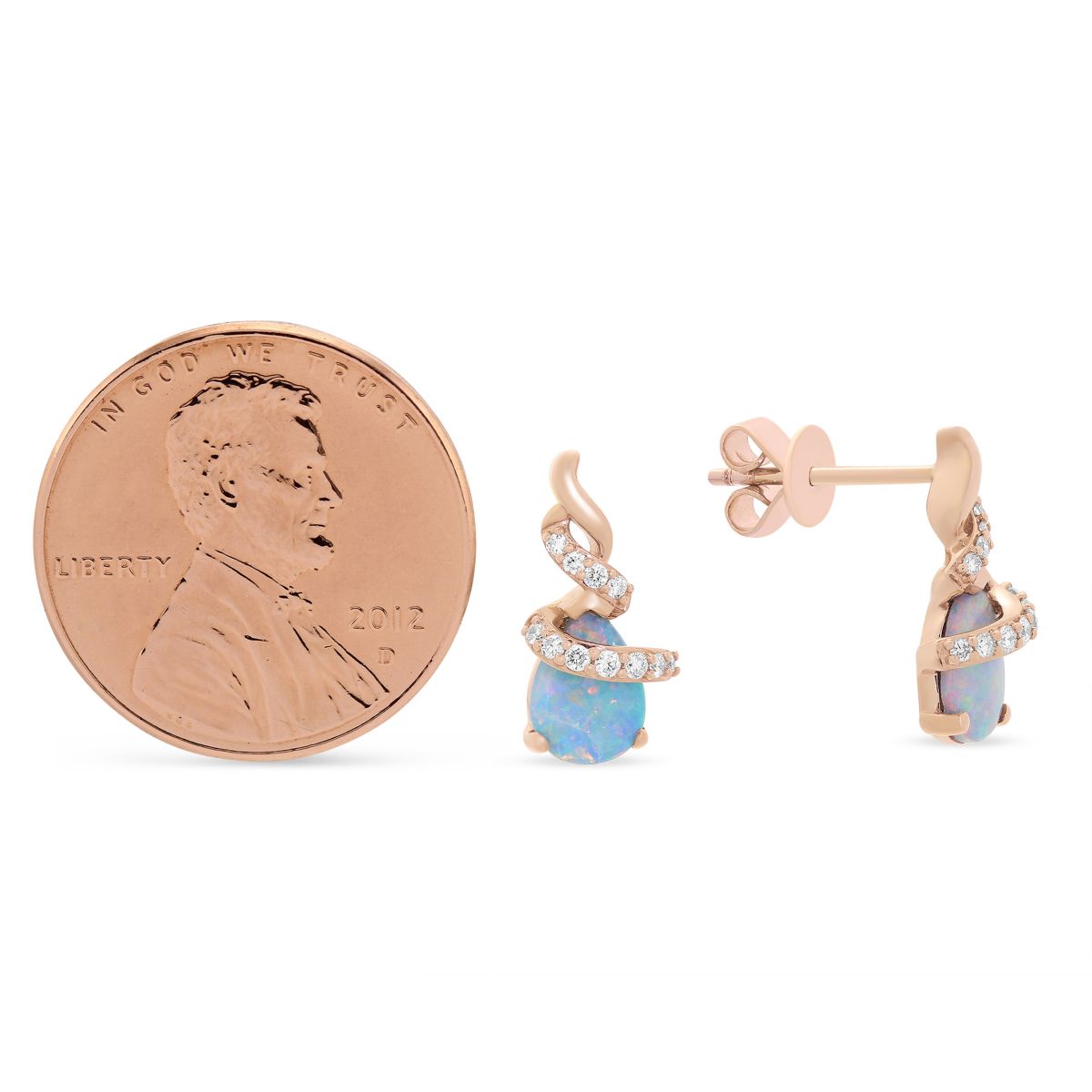 14K Rose Gold Pear Shaped Opal & Diamond Wrap Post Earrings