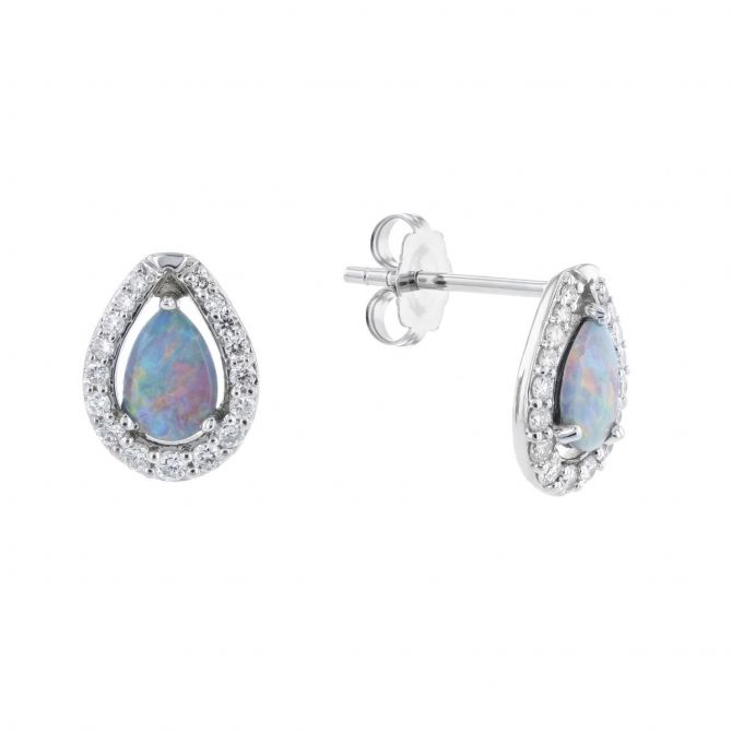 14K White Gold Pear Shaped Opal & Diamond Halo Post Earrings