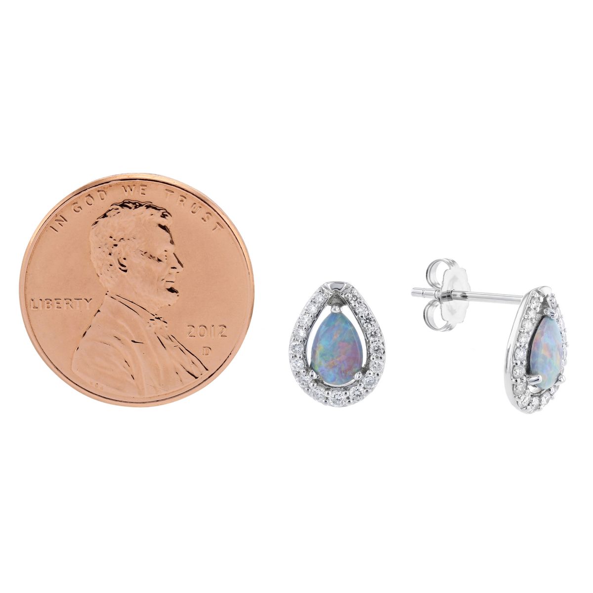 14K White Gold Pear Shaped Opal & Diamond Halo Post Earrings