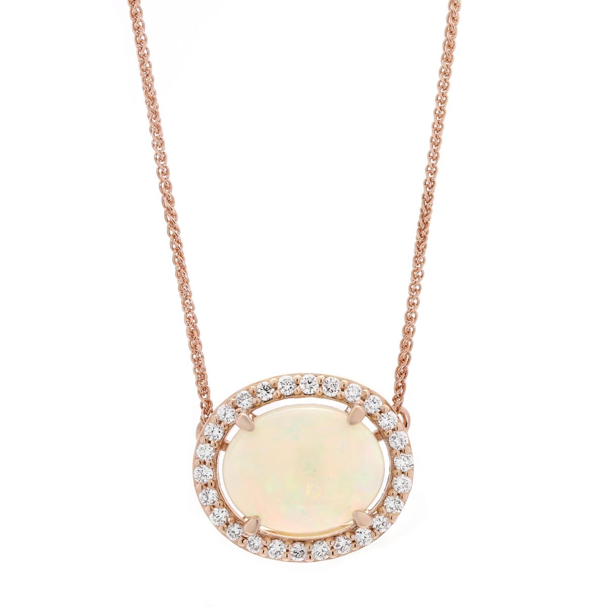 14K Rose Gold Oval Opal & Diamond Halo Necklace, 18