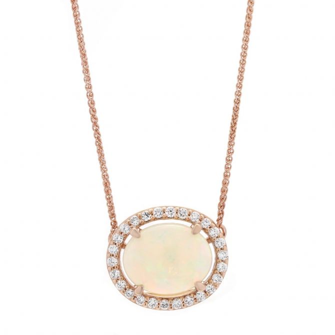 14K Rose Gold Oval Opal & Diamond Halo Necklace, 18"