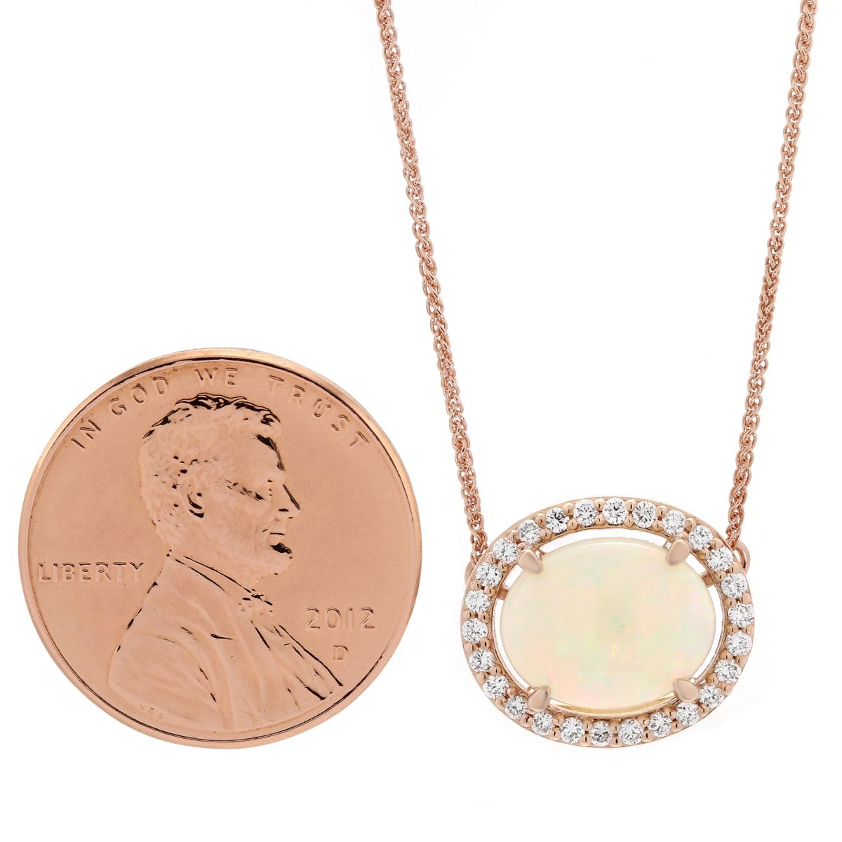 14K Rose Gold Oval Opal & Diamond Halo Necklace, 18