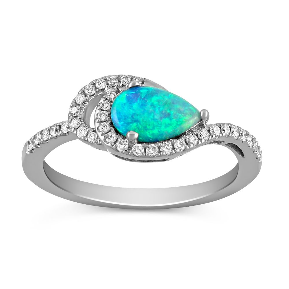 14K White Gold Pear Shaped Opal & Diamond Ring
