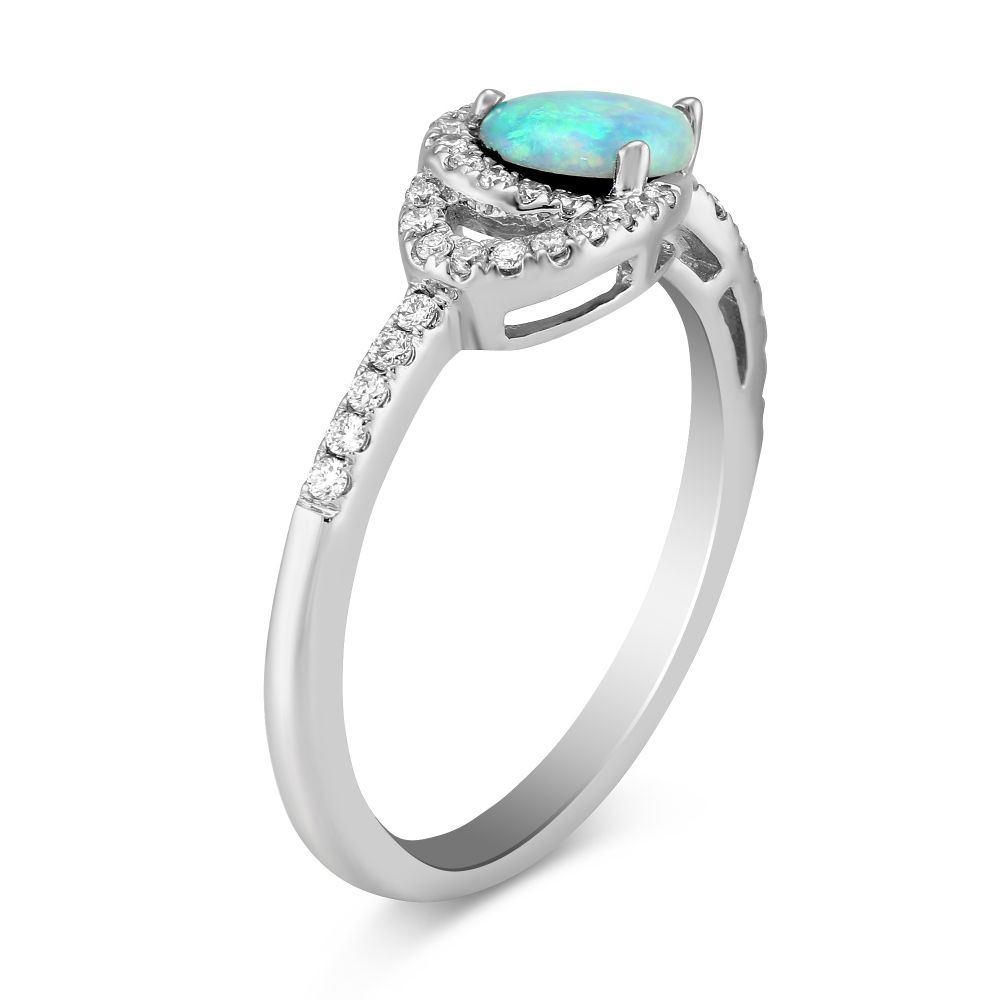 14K White Gold Pear Shaped Opal & Diamond Ring