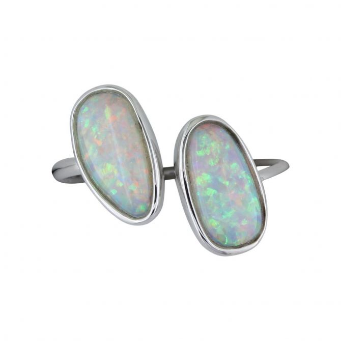 14K White Gold Opal Open Cuff Ring