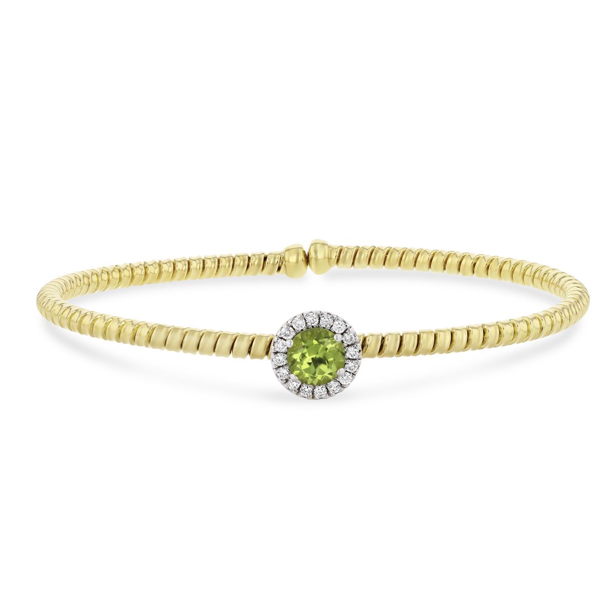 18K Yellow & White Gold Round Peridot Diamond Halo Flexible Cuff Bracelet