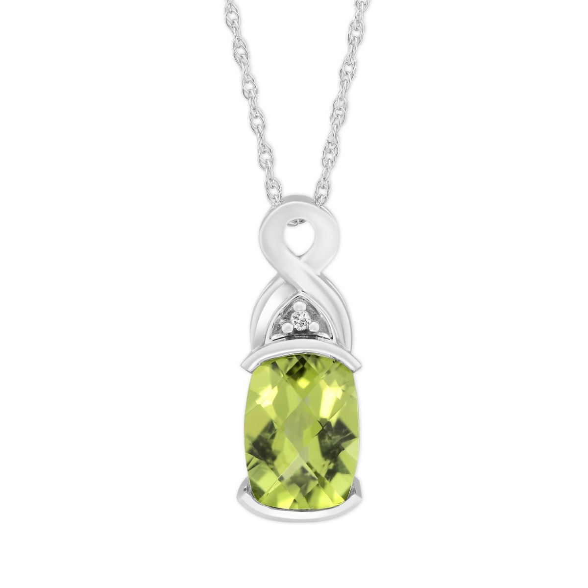 Oval Checkerboard Peridot & Diamond Pendant in White Gold, 18