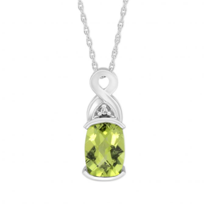 Oval Checkerboard Peridot & Diamond Pendant in White Gold, 18"