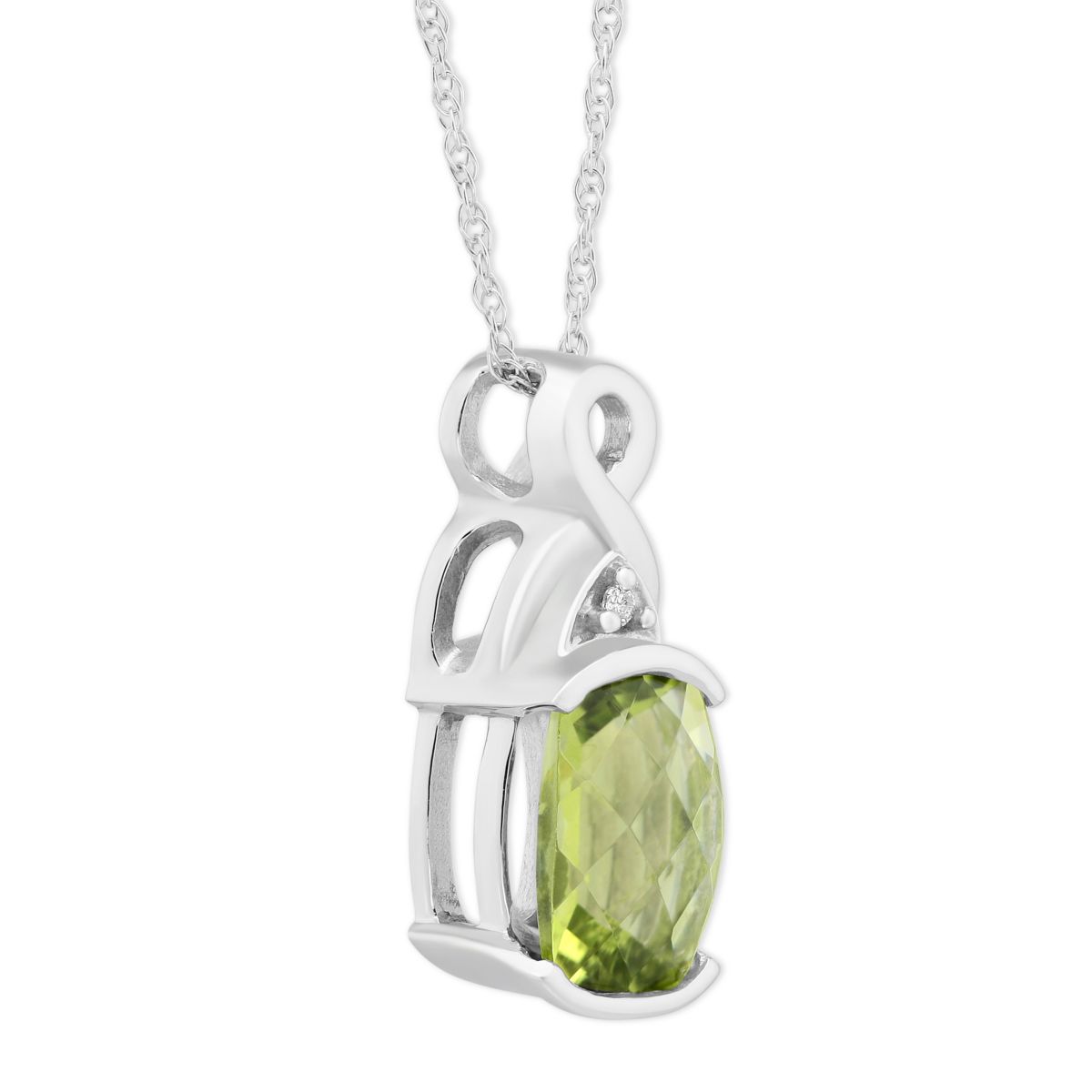 Oval Checkerboard Peridot & Diamond Pendant in White Gold, 18