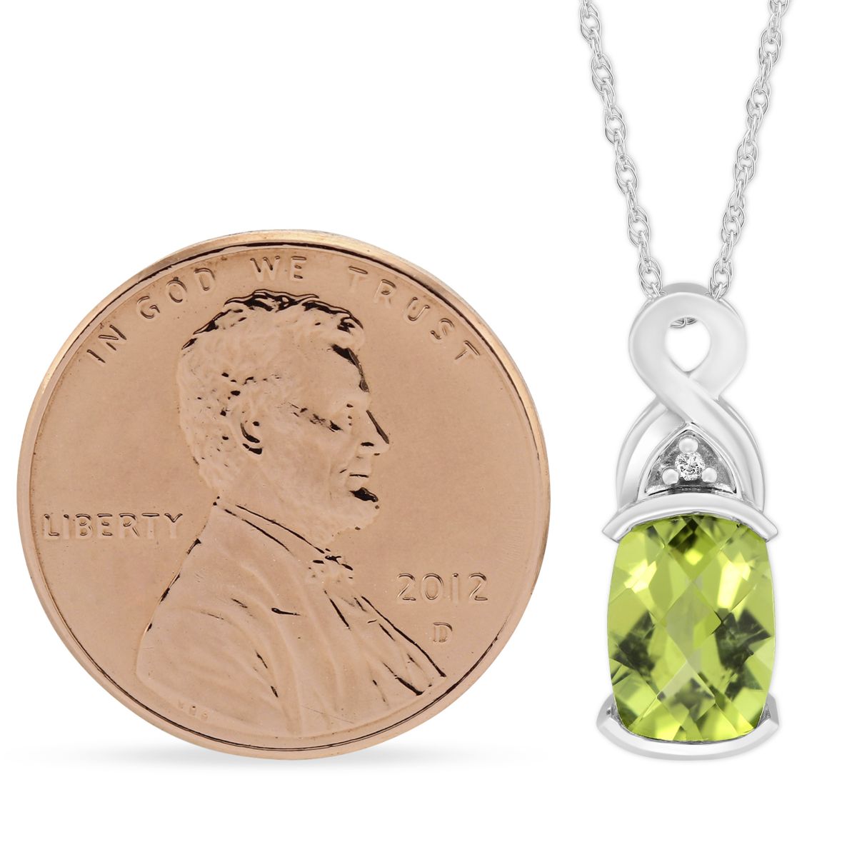 Oval Checkerboard Peridot & Diamond Pendant in White Gold, 18