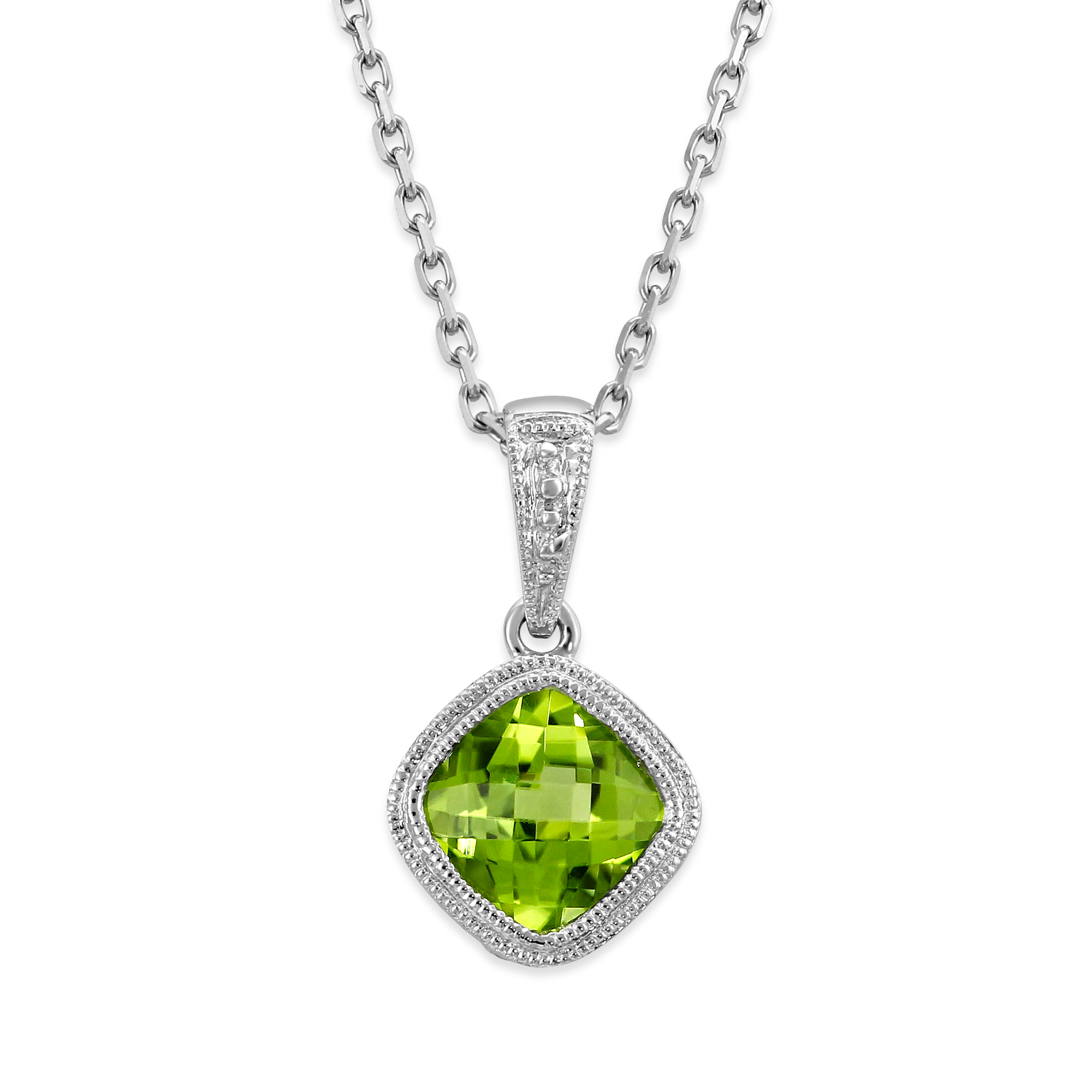 Cushion Checkerboard Peridot Bezel Set Pendant in White Gold, 18