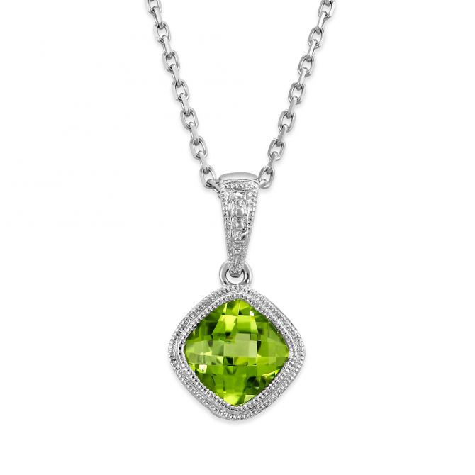 Cushion Checkerboard Peridot Bezel Set Pendant in White Gold, 18"