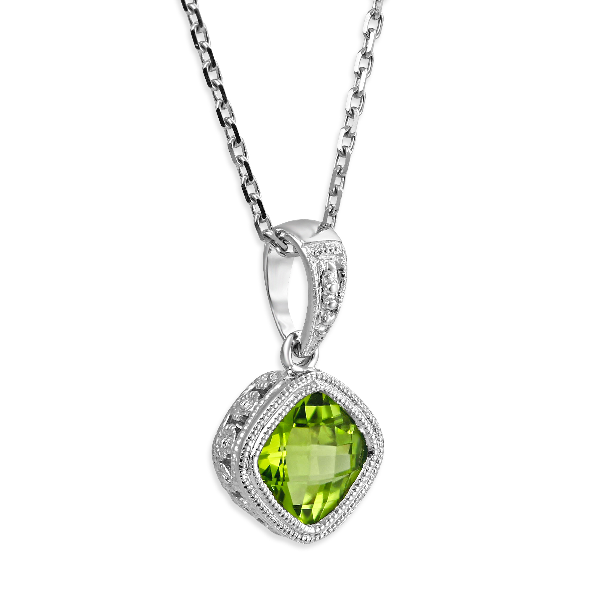Cushion Checkerboard Peridot Bezel Set Pendant in White Gold, 18