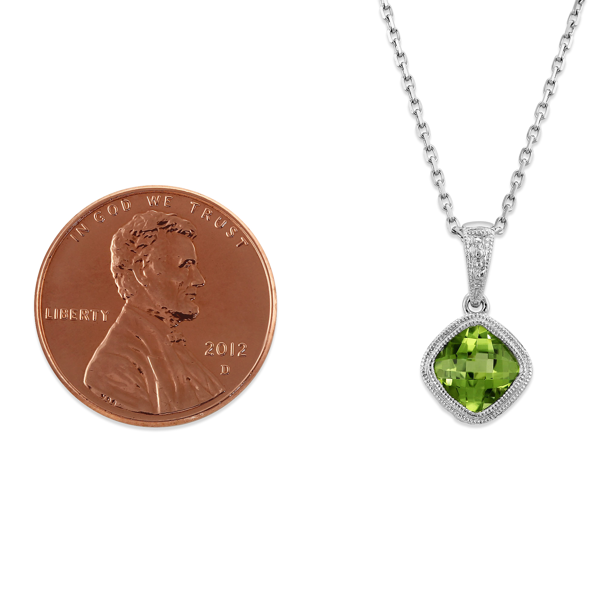 Cushion Checkerboard Peridot Bezel Set Pendant in White Gold, 18