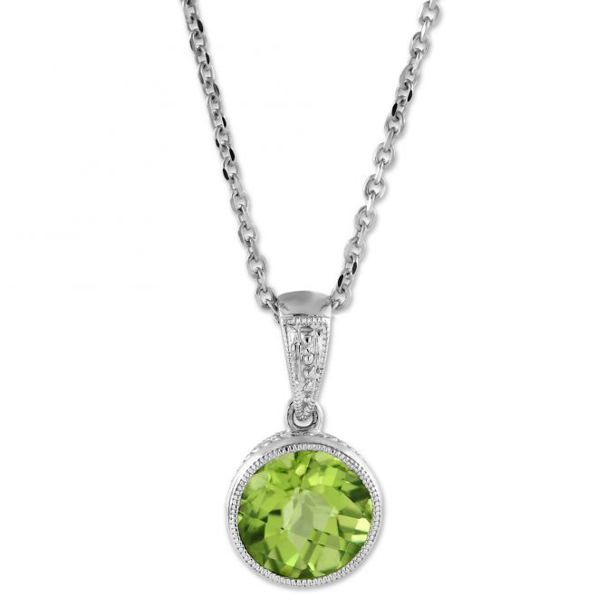 Round Checkerboard Peridot Bezel Set Pendant in White Gold, 18"
