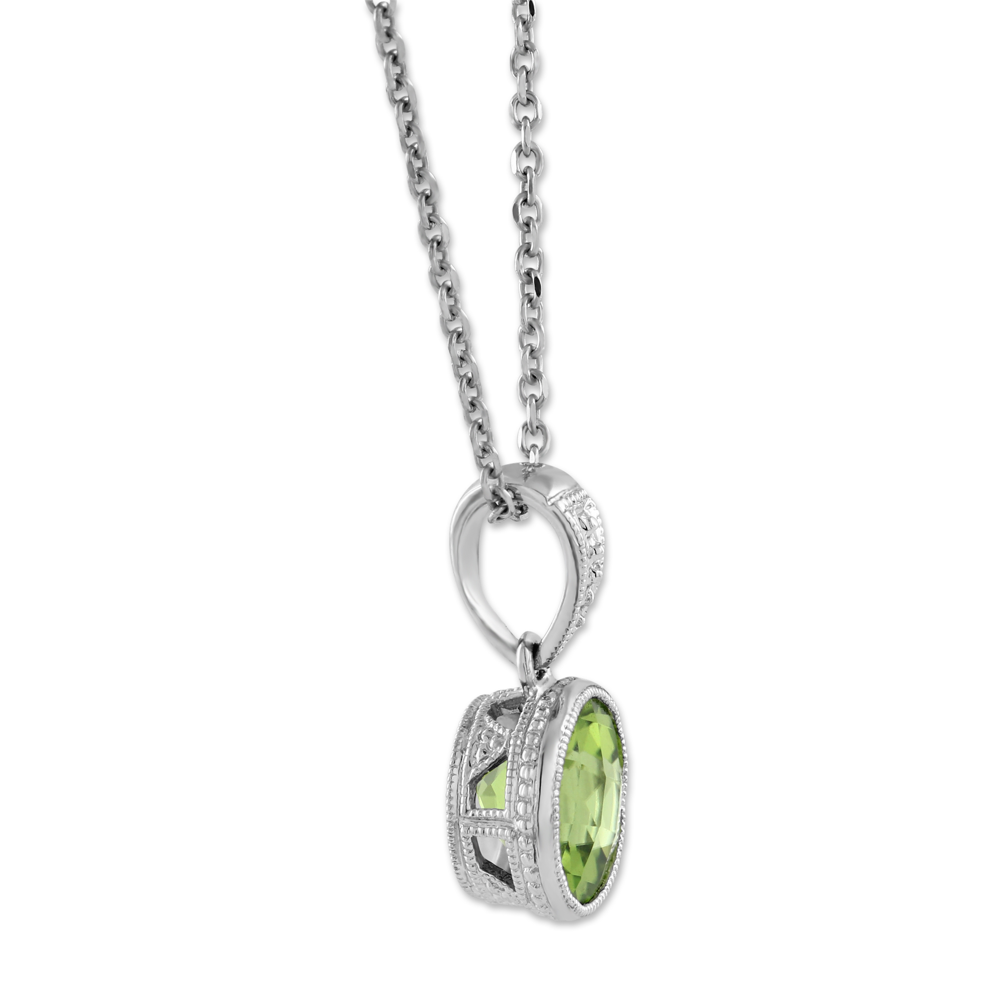 Round Checkerboard Peridot Bezel Set Pendant in White Gold, 18